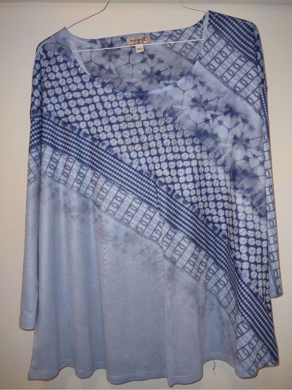 ONE WORLD Blue Patterned Long Sleeve Blouse